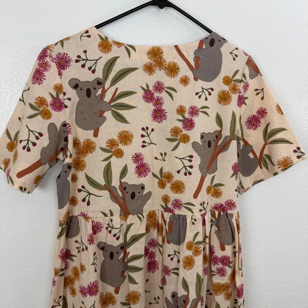 Princess Highway Linen Dress Womens 8 Peach Koala Floral Print Short Sleeve Boho - Picture 9 of 10